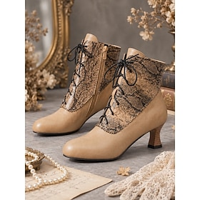 Women's Edwardian Snake Print Ankle Boots - Vintage Round Toe Two Tone Lace-up Booties with Curved Kitten Heel  Side Zipper for Edwardian Costume, Victorian Pa