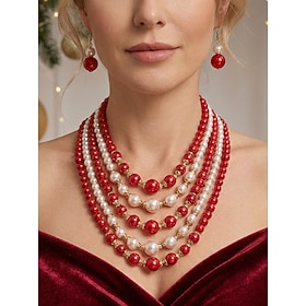 Women's Faux Pearl Multi Layer Necklace Earrings Set, Elegant Statement Layered Pearl Jewelry with Classic Vintage Style, Christmas Holiday Party Accessories f