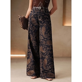 Women's Jean Denim Wide Leg Vacation Vintage Basic Full Length High Waist Graphic Paisley Comfy Comfort Comfortable Inelastic Casual Daily Vacation Deep Blue S