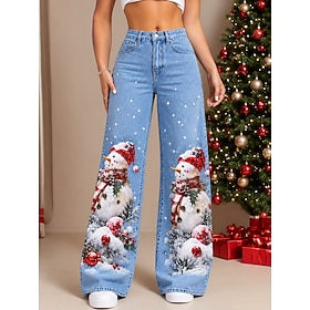Christmas Women's Jean Denim Cotton Blend Wide Leg Elegant Vacation Vintage Full Length Mid Waist Graphic Santa Claus Christmas Tree Drawstring Patchwork Print