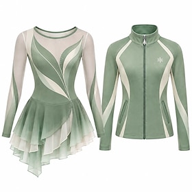 Figure Skating Dress with Jacket Women's Ice Skating Outfits Green Patchwork Asymmetric Hem Stretchy Training Competition Skating Wear Classic Crystal / Rhines