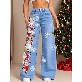 Christmas Women's Jeans Denim Wide Leg Vacation Vintage Basic Full Length High Waist Floral Graphic Comfy Comfort Comfortable Inelastic Casual Daily Vacation B