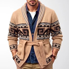 Men's Sweater Cardigan Sweater Ribbed Knit Regular Tops Lace up Knitted Geometric Shawl Collar Vacation Vintage Casual Daily Wear Clothing Apparel Fall Winter