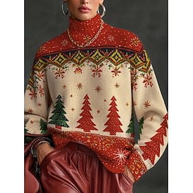 Christmas Women's Sweater Pullover Daily Casual Graphic Snowflakes Ribbed Turtleneck Knitted Print Long Sleeve Regular Tops Knit Outdoor Party Weekend Red Fall