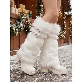 Women's Polyester Faux Fur Leg Warmers with Buckle Straps, Black and White Plush Long Winter Boot Covers for Streetwear, Festivals, Parties and Cold Weather St