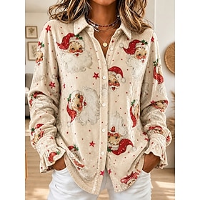 Christmas Women's Velvet Shirt Graphic Santa Claus Elegant Vintage Stylish Long Sleeve Shirt Collar Regular Tops Casual Daily Work Khaki Red Green Winter Sprin