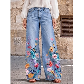 Women's Jeans Denim Cotton Blend -look Wide Leg Chinos Vacation Vintage Basic Full Length High Waist Floral Graphic Flower / Floral Print Comfort Breathable In