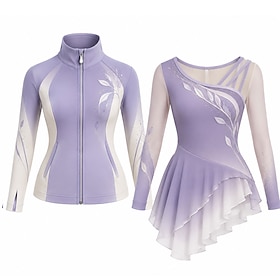 Figure Skating Dress with Jacket Women's Ice Skating Outfits Light Purple Patchwork Asymmetric Hem Stretchy Training Competition Skating Wear Classic Crystal /
