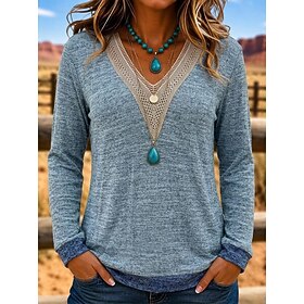 Women's T Shirt Patchwork Lace Trim Solid Color Elegant Vacation Daily Long Sleeve V Neck Regular Tops Long Tops Casual Daily Outdoor Blue Summer Spring Fall W