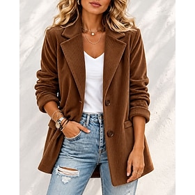 Women's Blazer Corduroy Jacket Lightweight Pocket Christmas Elegant Vintage Solid Color Casual Daily Street Regular Notch Lapel Long Sleeve Outerwear Black Red