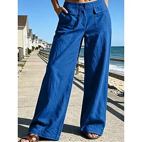 Women's Cotton Linen Pants Culottes Wide Leg Fashion Casual Full Length High Waist Pocket Comfy Inelastic Casual Daily Blue rice white Depression Green Black S