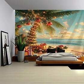 Christmas Snowman Sea View Christmas Tree Tapestry Wall Hanging Unique Ocean Winter Snow Scenery Fabric Wall Banner Holiday Party Backdrop Blanket Curtain with