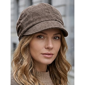 Women's Polyester Vintage Solid Color Slouchy Duckbill Cap, Adjustable Gathered Pleated Newsboy Hat for Autumn Winter Casual Wear, Travel, Commuting and Outdoo
