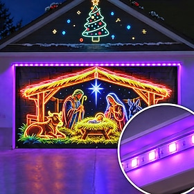 Blacklight Christmas Garage Door Cover with Purple LED Strip Lights Glowing Christmas Holiday Decoration, Fluorescent Nativity Scene with Holy Family and Mange