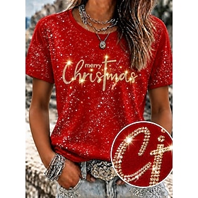 Christmas Women's Sequins Rhinestone T Shirt Print Rhinestone Letter Christmas Stylish Classic Casual Short Sleeve Crew Neck Regular Tops Casual Daily Black Re