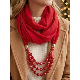 Women's Polyester Scarf Necklace with 3-Layer Acrylic Faux Pearl Beads, Multi-Color Fashion Infinity Scarf for Christmas, Parties, Church, Travel, Casual and D
