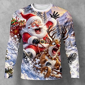 Christmas Men's Santa Claus Elk T Shirt Long Sleeve T shirt Print Crew Neck Shirt Fashion Daily Casual Casual Daily Street White 1 White 2 Summer Spring Fall C