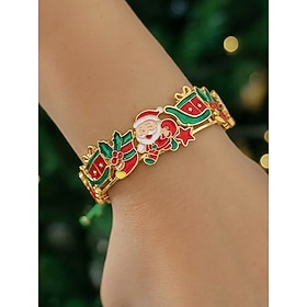 Women's Christmas Enamel Cuff Bracelet, Gold Tone Alloy Open Bangle with Santa Claus Reindeer Snowflake  Christmas Tree Designs, Festive Holiday Jewelry for Ch