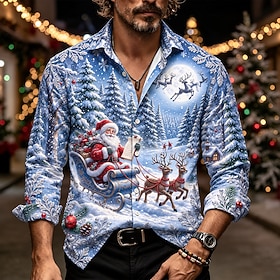 Christmas Men's Santa Claus Christmas Tree Christmas Bell Button Up Shirt Casual Dress Shirt Long Sleeve Fashion Casual Vacation Dailywear Summer Spring Fall T