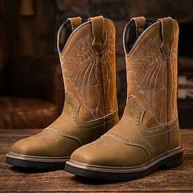 Men's Tan Brown Cowboy Boots Western Embroidered Square Toe Pull On Mid Calf Vintage Classic Country Ranch Style Casual Boots for Rodeo Festival Country Weddin