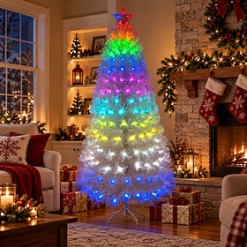 6FT Pre-Lit RGB Fiber Optic Christmas Tree, White Artificial Christmas Tree with Color Changing RGB LED Lights, Star Topper, Foldable Stand, Holiday Decoration