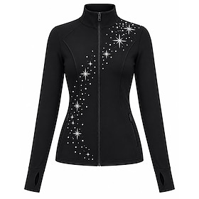 Figure Skating Fleece Jacket Women's Ice Skating Jacket Top Black Patchwork Stretchy Training Competition Skating Wear Crystal / Rhinestone Long Sleeve Ice Ska