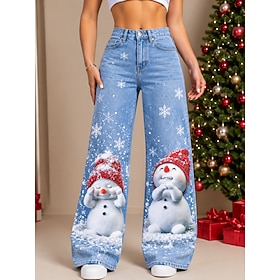 Christmas Women's Jeans Denim Wide Leg Vacation Vintage Basic Full Length High Waist Pants Ugly Floral Graphic Print Comfy Comfort Comfortable Inelastic Casual