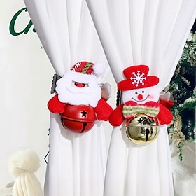 Cute Christmas Bell Curtain Clips Set Plush Santa Claus Snowman Doll Fastener Holdbacks with Jingle Bells Decorative Drape Tie Backs Clips for Sheer Curtains W