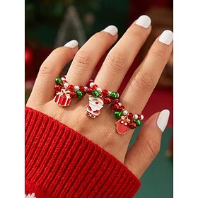 Women's Christmas Ring Set, 3-Piece Red Green Beaded Alloy Rings with Santa Claus Reindeer Gift Charms, Cute Festive Holiday Jewelry for Christmas Parties, Fa