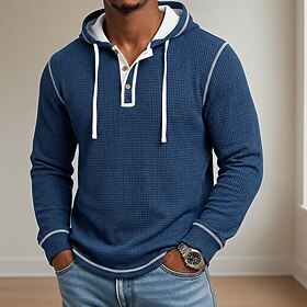Men's Waffle T-shirt T Shirt Waffle Henley Shirt Long Sleeve Hooded Henley Fall Winter Spring Fall Solid Color Textured Traditional / Vintage Casual Color Blo