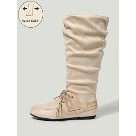 Botas altas hasta la rodilla de mujer en color beige con caña ancha y detalles de borlas, botas holgadas con cordones y puntera tipo mocasín – botas planas inf