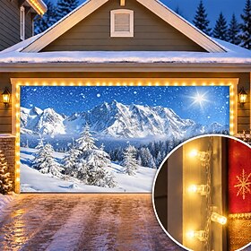 Christmas Garage Door Cover With LED String Lights, Winter Snow Mountain Landscape Print Garage Door Banner, 3D Snowy Forest Holiday Backdrop for Outdoor Chris