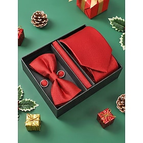 Men's Polyester Tie Set Solid Color Neck Tie Bow Tie Pocket Square Cufflinks 4 Piece Formal Accessories Set Classic Wedding Business Suit Accessories Christmas