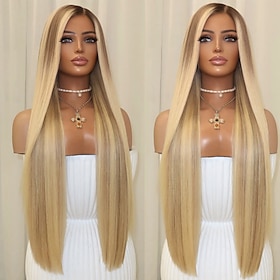 Human Hair 5x5 Closure 13x4 Lace Front Wig Free Part Brazilian Hair Straight Blonde Multi-color Wig 150% 180% Density Ombre Hair Highlighted / Balayage Hair 10
