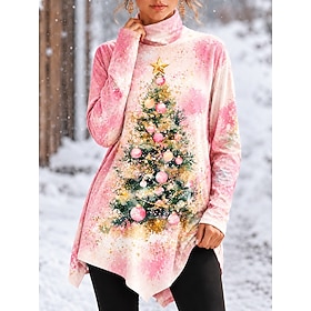 Christmas Women's T Shirt Print Asymmetrical Asymmetrical Hem Floral Graphic Plants Elegant Stylish Classic Long Sleeve Turtleneck High Neck Long Tops Casual D