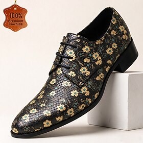 Men's Genuine Leather Lace Up Dress Shoes with Elegant Floral Pattern, Black Luxury Oxford Shoes for Classic Gentlemen, Formal Office, Wedding, Evening Event a
