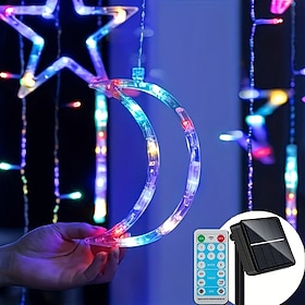3.5m 138LEDs Star Moon Curtain Light Solar or USB Powered Remote Control with 8 Modes Full Sky Star Moon String Lights for Christmas Wedding Party Outdoor Wate