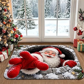 3D Optical Illusion Christmas Doormat Area Rug, Santa Claus Snowy Floor Mat, Funny Santa Christmas Area Rugs, Indoor Entryway Holiday Home Decor