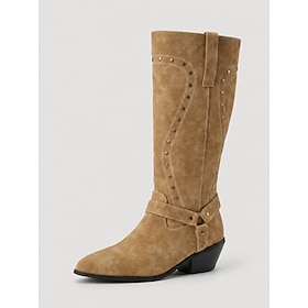 Women's Western Riding Boots – Pointed Toe Mid Calf Cowgirl Boots with Block Heel, Decorative Stitching Stud Detail, Casual Fall Boots for Country Style, Fest