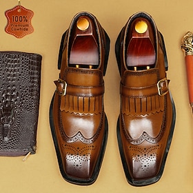 Men's Genuine Leather Brown Double Monk Strap Dress Shoes Buckle Formal Shoes Classic Vintage Luxury Style Business Wedding Office Party Evening Wear Elegant L