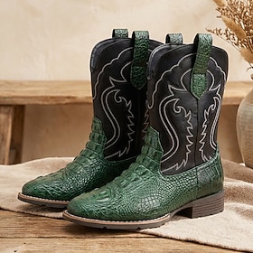 Men's Green Western Cowboy Boots with Crocodile-Embossed Toe and Decorative Embroidered Shaft, Distinctive Vintage Style for Country Festivals, Rodeos, Parties