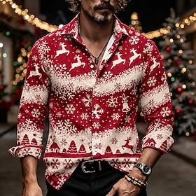 Christmas Men's Elk Christmas Bell Button Up Shirt Casual Dress Shirt Long Sleeve Fashion Casual Vacation Dailywear Summer Spring Fall Turndown Collared Shirts