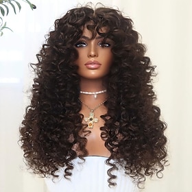 Human Hair 5x5 Closure 13x4 Lace Front Wig Free Part With Bangs Brazilian Hair Curly Wavy Dark Brown Wig 150% 180% Density 100% Virgin Glueless Pre-Plucked For