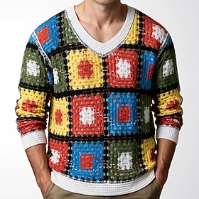 Men's Sweater Pullover Sweater Jumper Knit Sweater Ribbed Knit Regular Tops Color Block Knitted Plaid V Neck Fashion Streetwear Casual Daily Wear Clothing Appa