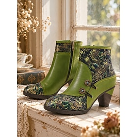 Women's Green Victorian-Inspired Leather Ankle Boots with Floral Print Panels, Button Accents Side-Zip – Warm Lined Block Heel Vintage Booties for Tea Parties