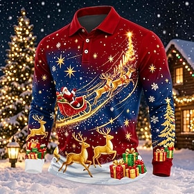 Christmas Men's Santa Claus Christmas Tree Polo Long Sleeve Polo Shirts Collared Shirts Lapel Casual Daily Wear Festival Wear Buttons Winter Spring Fall Blac