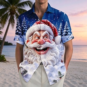 Christmas Men's Santa Claus Shirt Dress Shirt Button Up Shirt Short Sleeve Casual Daily Outdoor Vacation Summer Collared Shirts Button Up 3D Print Blue Blue 2#