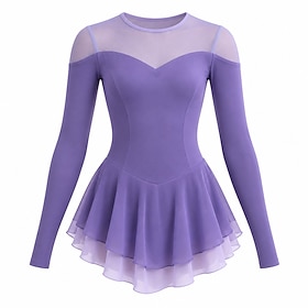 Figure Skating Dress Women's Ice Skating Dress Violet Patchwork Asymmetric Hem Stretchy Training Competition Skating Wear Classic Long Sleeve Ice Skating Figur