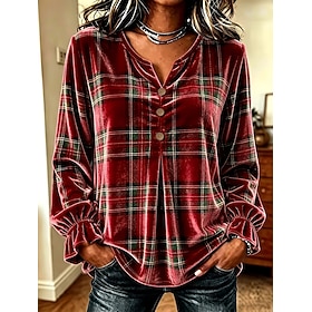 Christmas Women's Velvet Tunic Ruffle Print Graphic Plaid Checkered Elegant Vintage Fashion Long Sleeve V Neck Long Tops Casual Daily Going out Blue PinkBlueRe