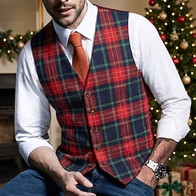 Men Vest Gilet Vacation Party Christmas Christmas Fashion Fall Winter Buttons Polyester Breathability Plaid Plain Single Breasted V Neck Red Vest